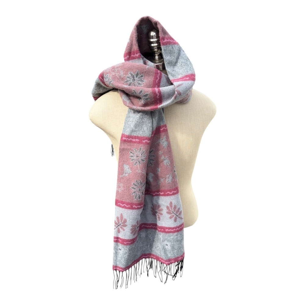 Gray Pink Floral Scarf Shawl Wrap Fringe